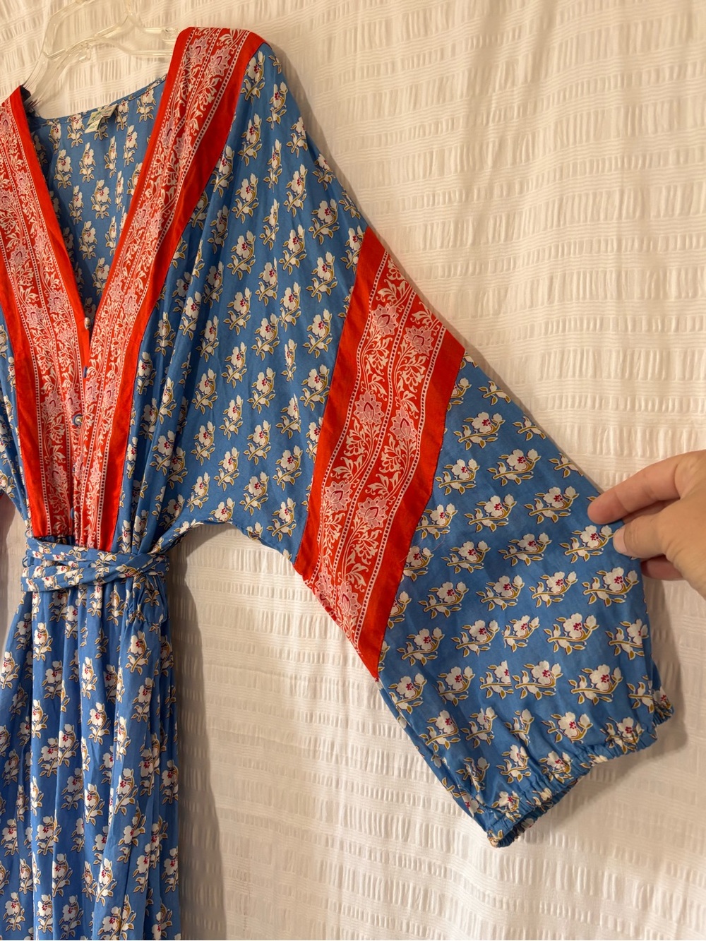 J. Crew 100% Cotton Boho Red & Blue Floral Tie-Waist Midi Dress Sz Small - Picture 4 of 10